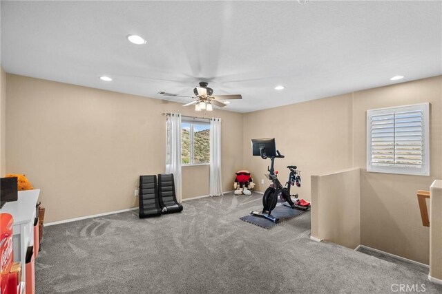 workout area featuring ceiling fan and carpet