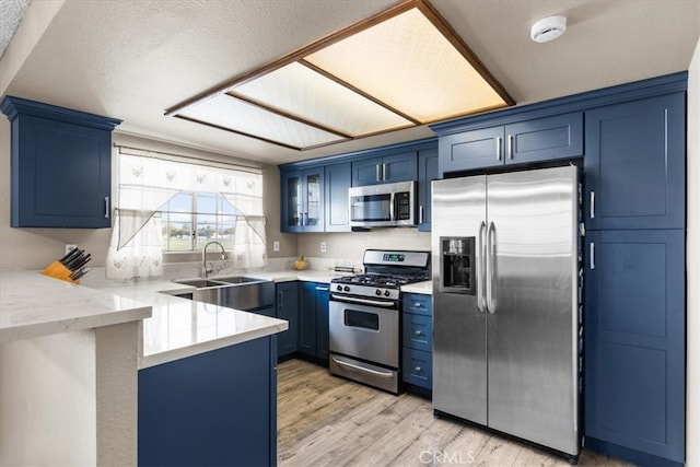 kitchen with light hardwood / wood-style floors, kitchen peninsula, sink, stainless steel appliances, and blue cabinets