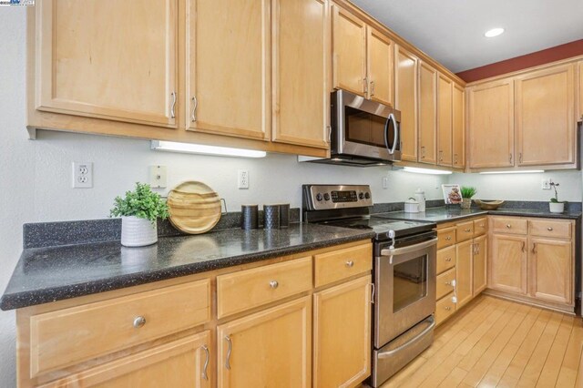 kitchen featuring light hardwood / wood-style floors, stainless steel appliances, and light brown cabinets