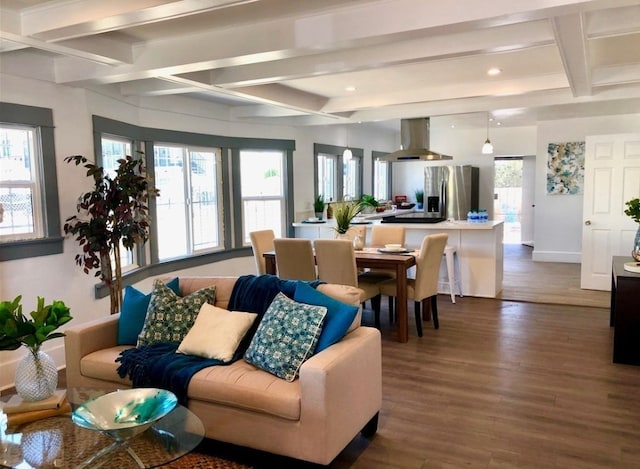 living room featuring dark hardwood / wood-style floors and beamed ceiling