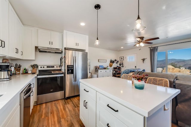 kitchen featuring decorative light fixtures, white cabinets, stainless steel appliances, and ceiling fan