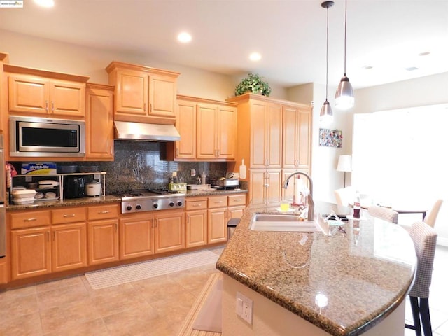 kitchen featuring decorative light fixtures, exhaust hood, decorative backsplash, sink, and appliances with stainless steel finishes