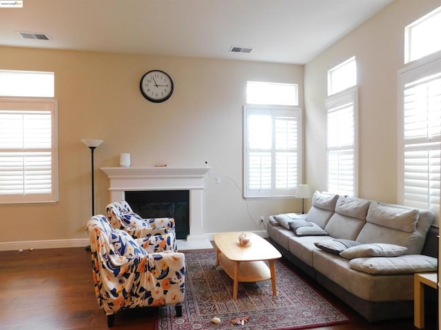 living room featuring dark wood-type flooring