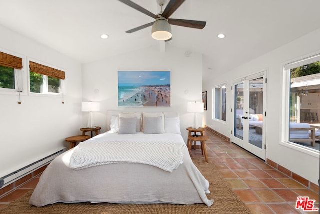 tiled bedroom with ceiling fan, access to exterior, french doors, vaulted ceiling, and multiple windows