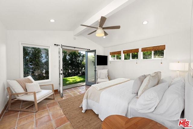 bedroom with ceiling fan, vaulted ceiling with beams, access to exterior, and light tile patterned floors