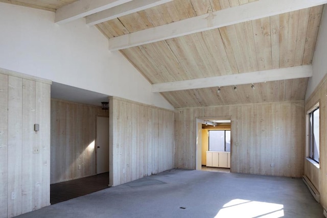 carpeted empty room with beamed ceiling, wood walls, a baseboard radiator, and high vaulted ceiling