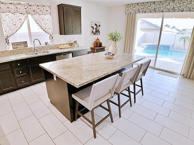 bathroom featuring separate shower and tub and tile patterned flooring