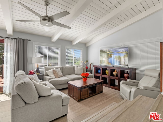 living room featuring ceiling fan, lofted ceiling with beams, wood ceiling, and light wood-type flooring