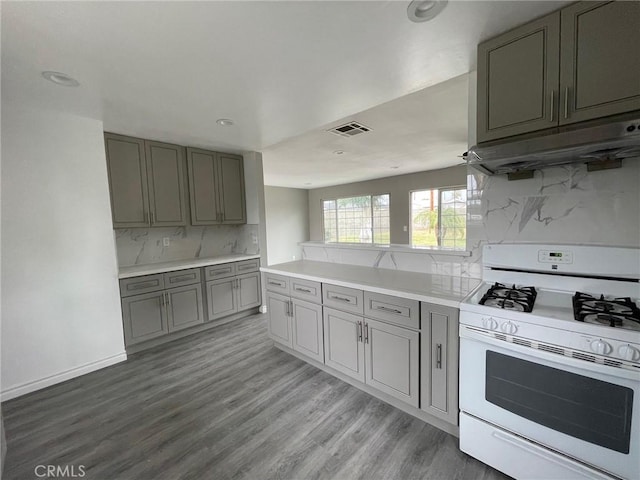 kitchen with hardwood / wood-style floors, backsplash, gray cabinets, and white range with gas cooktop