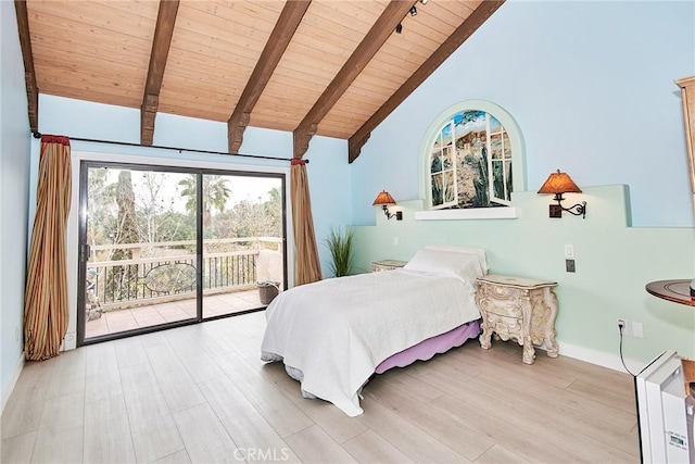 bedroom featuring high vaulted ceiling, beam ceiling, access to exterior, wood ceiling, and light wood-type flooring