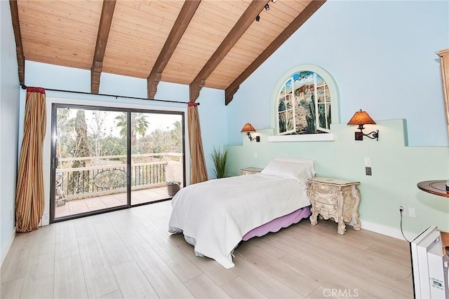 bedroom with light wood finished floors, wood ceiling, beamed ceiling, access to exterior, and high vaulted ceiling