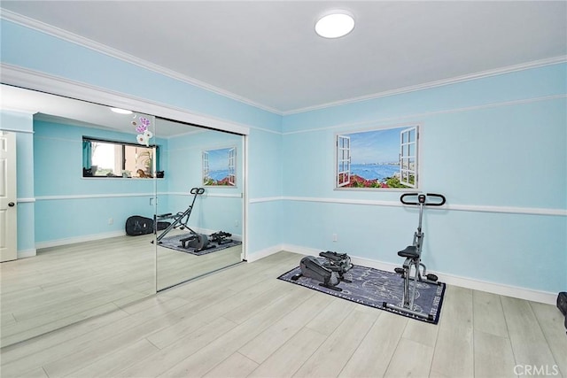 exercise room with crown molding and light wood-type flooring