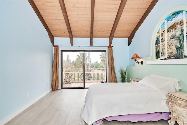 unfurnished bedroom featuring vaulted ceiling with beams, light wood finished floors, wood ceiling, access to outside, and baseboards