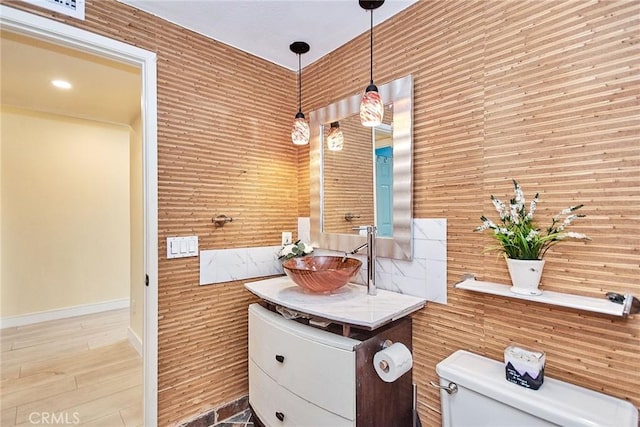 bathroom featuring vanity, toilet, and wood finished floors