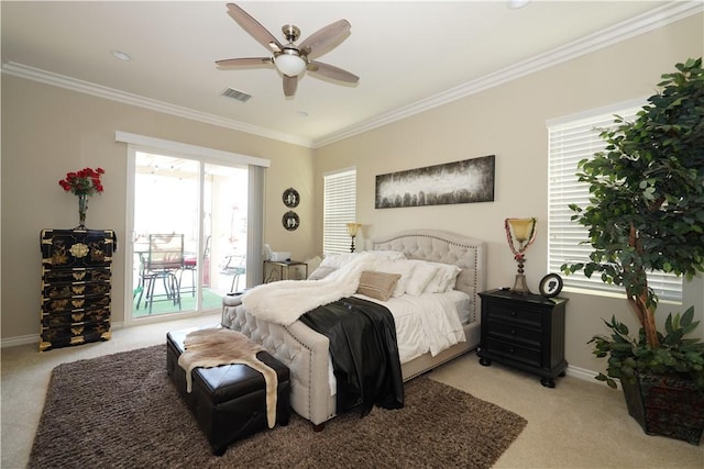 carpeted bedroom featuring ceiling fan, access to exterior, and ornamental molding