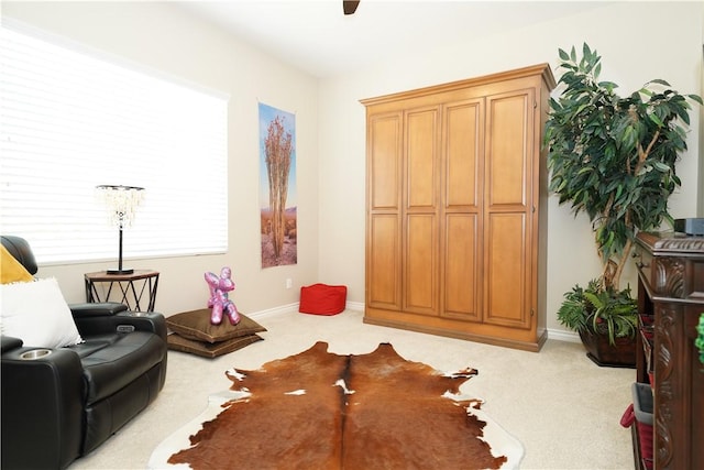 living area with light colored carpet