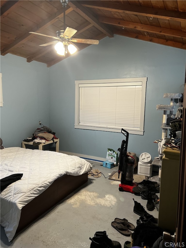 bedroom with ceiling fan, wooden ceiling, and lofted ceiling with beams