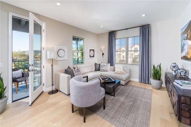 living room with light wood-type flooring, plenty of natural light, and french doors