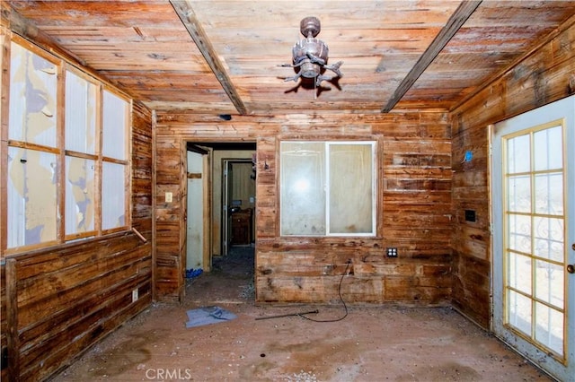 interior space with wooden ceiling and wood walls