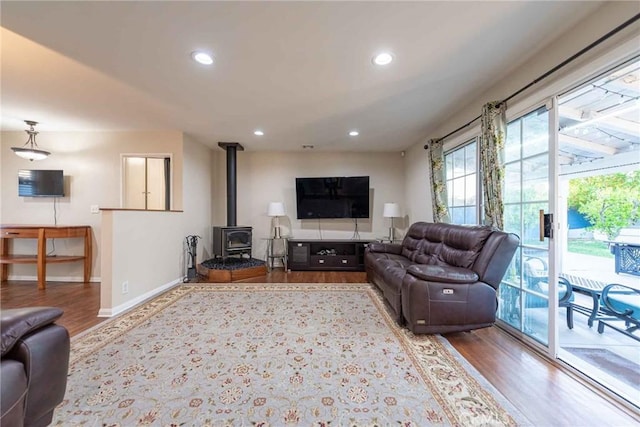 living room featuring a wood stove and light hardwood / wood-style flooring