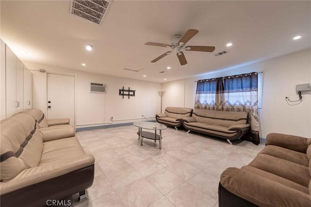 tiled living room with ceiling fan