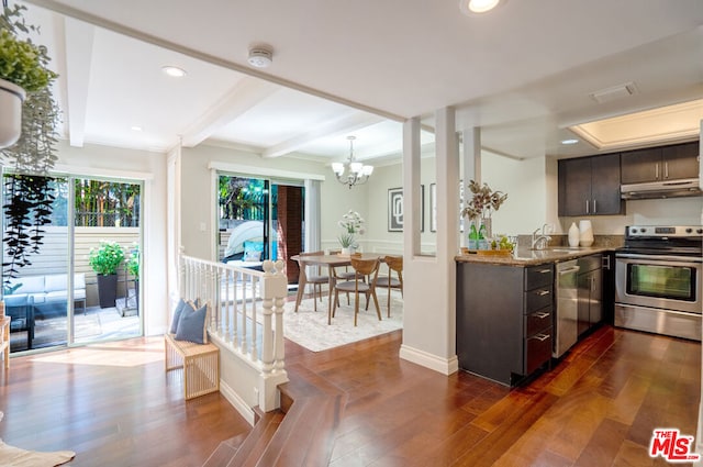 kitchen with dark brown cabinetry, stainless steel appliances, dark hardwood / wood-style floors, a notable chandelier, and crown molding