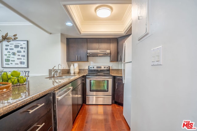 kitchen featuring appliances with stainless steel finishes, a tray ceiling, stone counters, ornamental molding, and sink