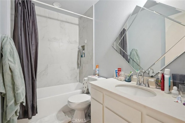 full bathroom with toilet, vanity, and shower / bathtub combination with curtain