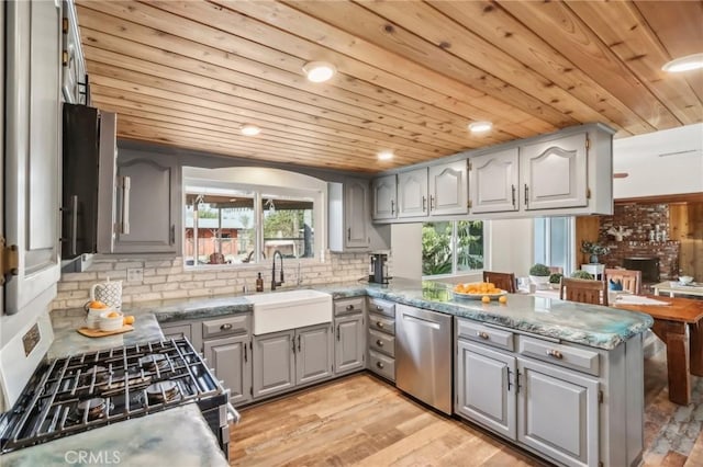 kitchen featuring wood ceiling, stainless steel appliances, sink, gray cabinets, and kitchen peninsula