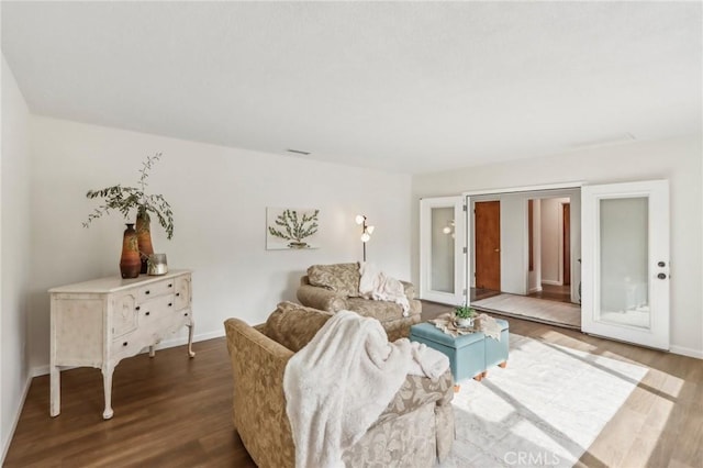 living room featuring french doors and dark wood-type flooring