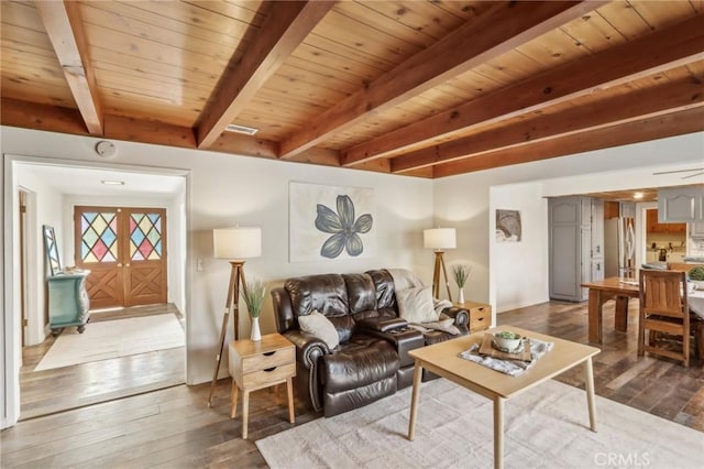 living room featuring dark wood-type flooring, wooden ceiling, and beam ceiling