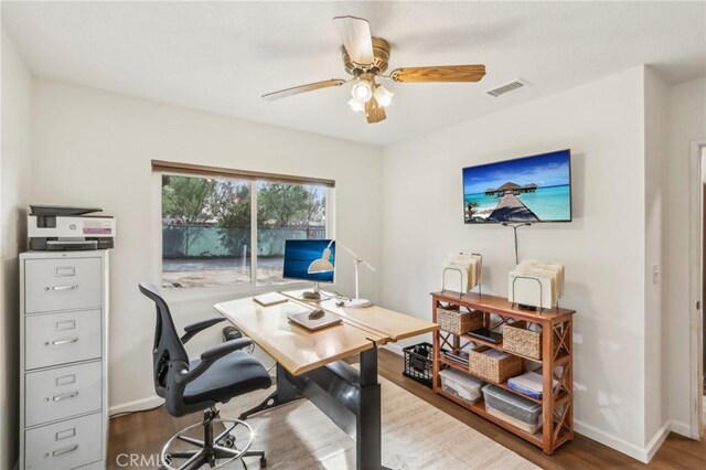 home office with ceiling fan and hardwood / wood-style flooring