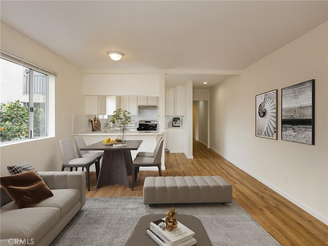 living room featuring light wood-type flooring and sink