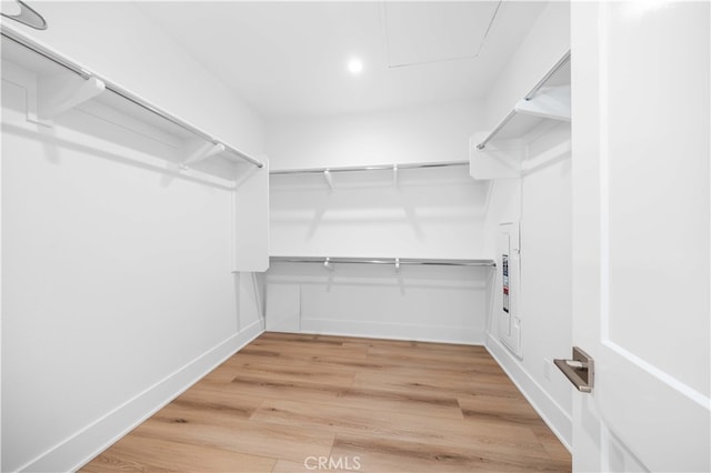 walk in closet with light wood-type flooring