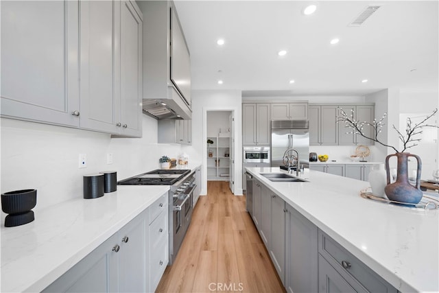 kitchen featuring visible vents, high end appliances, gray cabinets, a sink, and recessed lighting