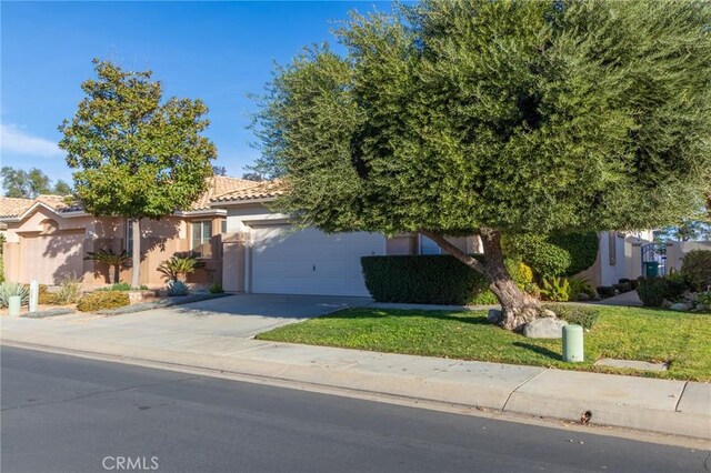 view of property hidden behind natural elements featuring a front yard and a garage