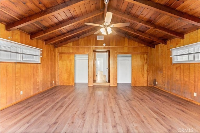 unfurnished living room featuring wooden walls, lofted ceiling with beams, ceiling fan, wooden ceiling, and light hardwood / wood-style flooring