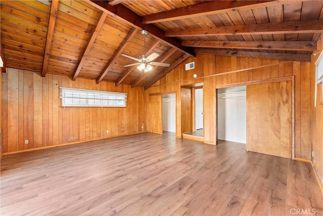 unfurnished living room with hardwood / wood-style flooring, ceiling fan, wood ceiling, and vaulted ceiling with beams