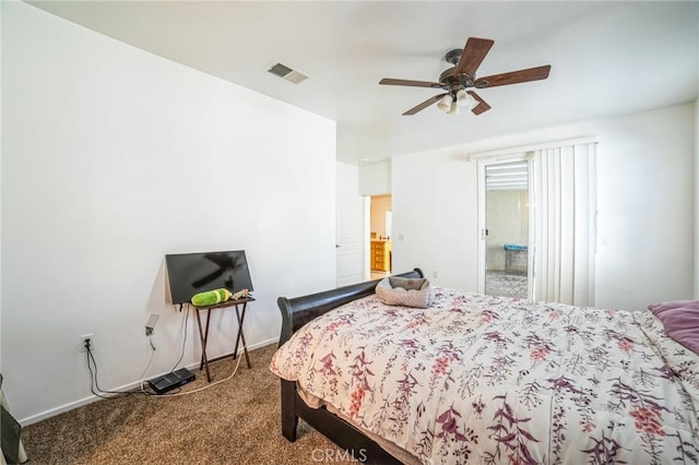 bedroom with ceiling fan and carpet floors