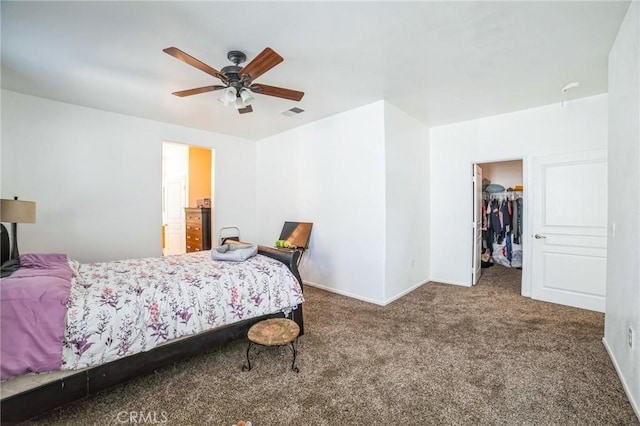 bedroom featuring ceiling fan, a closet, a walk in closet, and carpet floors