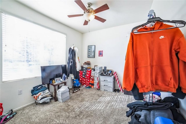 bedroom featuring ceiling fan and carpet