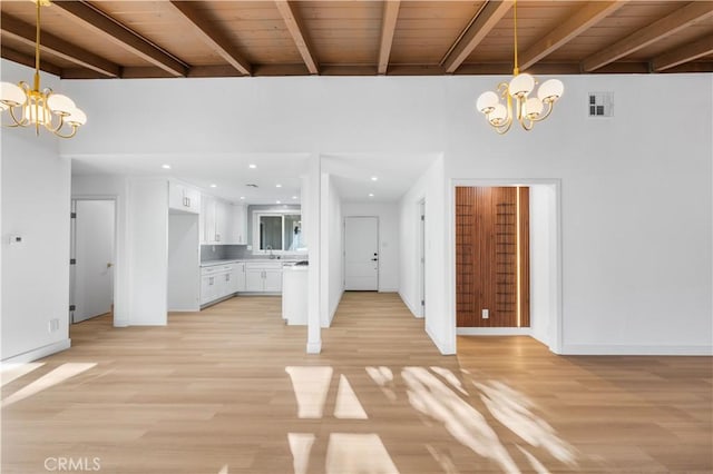 unfurnished living room with wood ceiling, beamed ceiling, light hardwood / wood-style flooring, and a chandelier