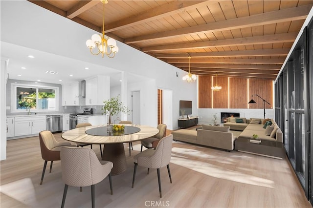 dining area with sink, beamed ceiling, light wood-type flooring, a chandelier, and wooden ceiling