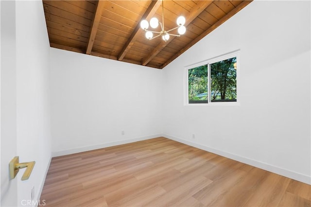 spare room with vaulted ceiling with beams, wood ceiling, a notable chandelier, and hardwood / wood-style flooring