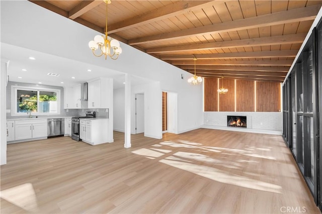 unfurnished living room with a fireplace, beam ceiling, sink, an inviting chandelier, and wooden ceiling