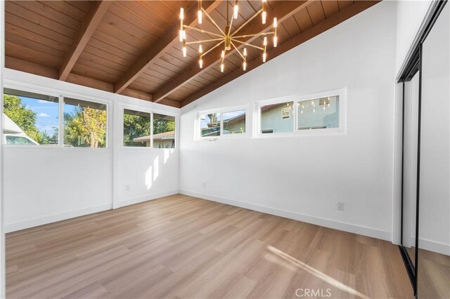 empty room featuring wooden ceiling, a chandelier, hardwood / wood-style floors, and lofted ceiling with beams