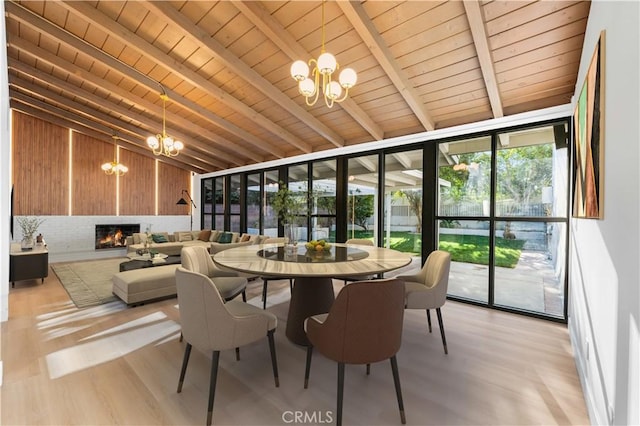 dining area with a chandelier, wood ceiling, wood walls, and beamed ceiling