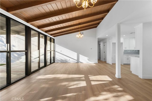 spare room featuring wooden ceiling, light hardwood / wood-style flooring, a chandelier, and vaulted ceiling with beams