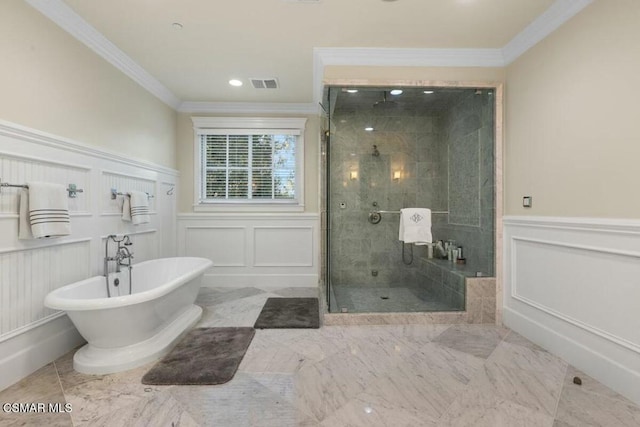 bathroom with independent shower and bath and crown molding