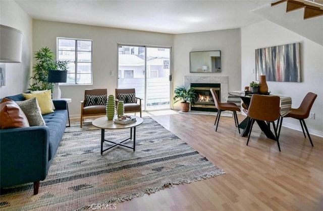 living room with a fireplace and light hardwood / wood-style floors